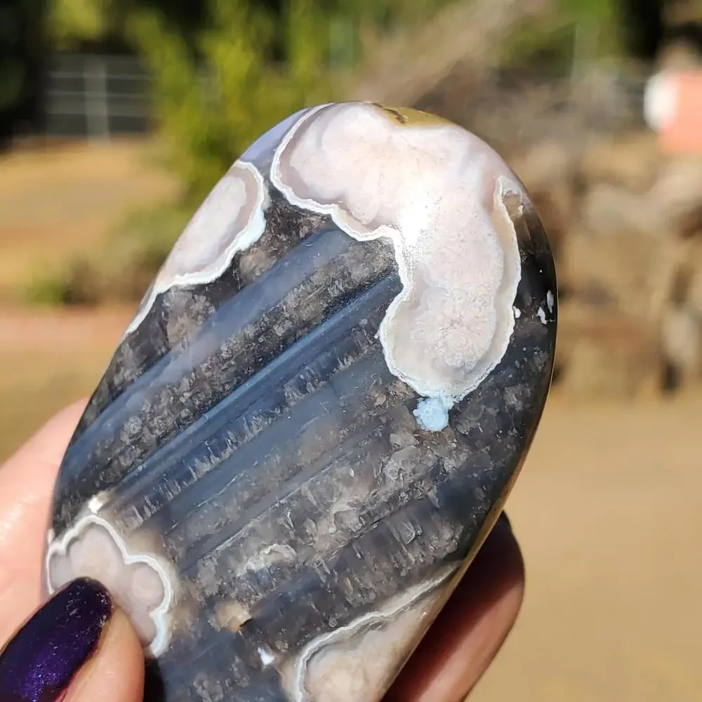 Blue Flower Blossom Agate Translucent Palmstone Crystal 68 grams